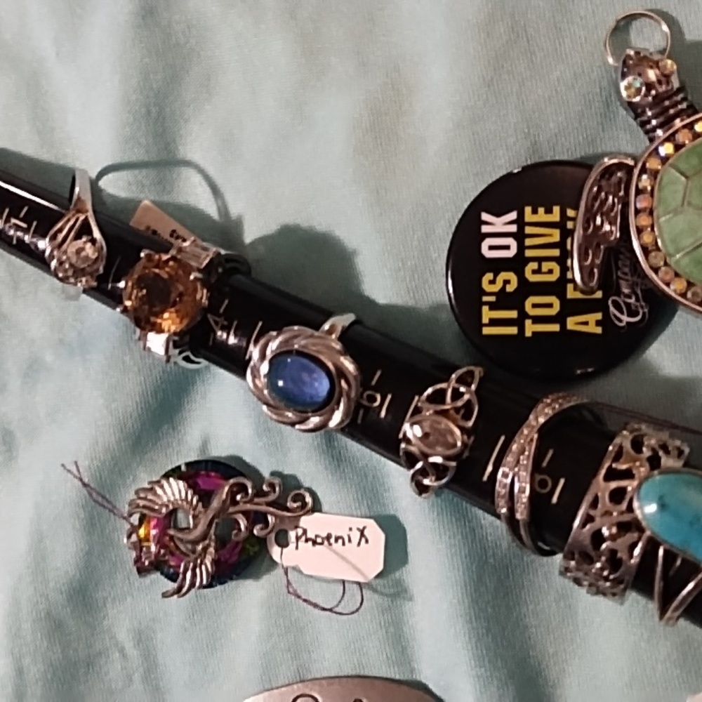 Assorted Silver and Gemstone Rings with Turtle Pendant Costume Jewelry Lot - Picture 3 of 4